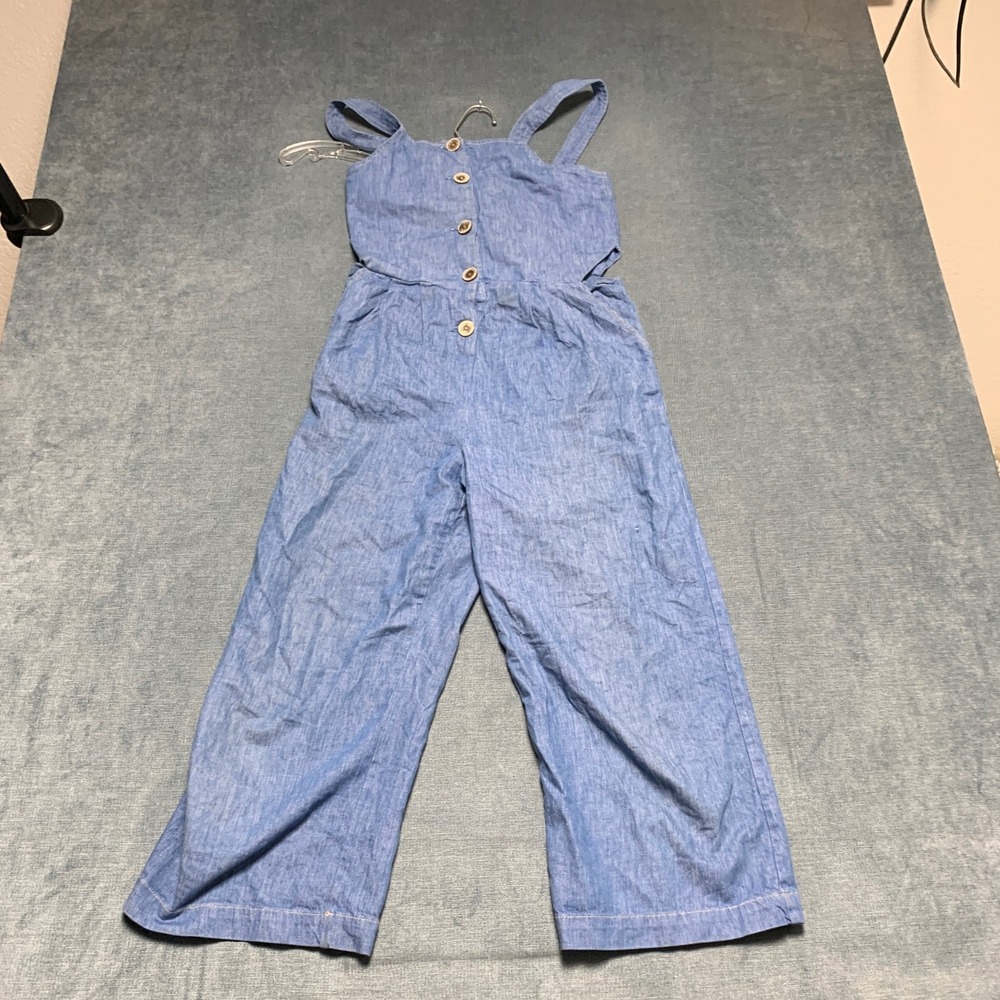 Zara Jumpsuit Girls 13-14 Blue Denim Smocked Side Cut Out Button Front Wide Leg